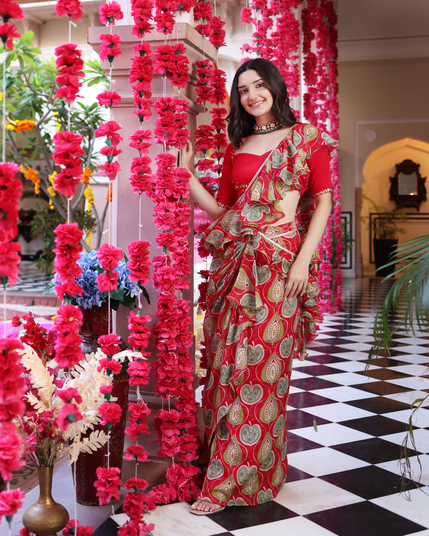 Ashen Red Bloom Printed Chinon Pre Draped Saree