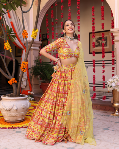 Sunshine Blooms Yellow Printed Satin Lehenga Set