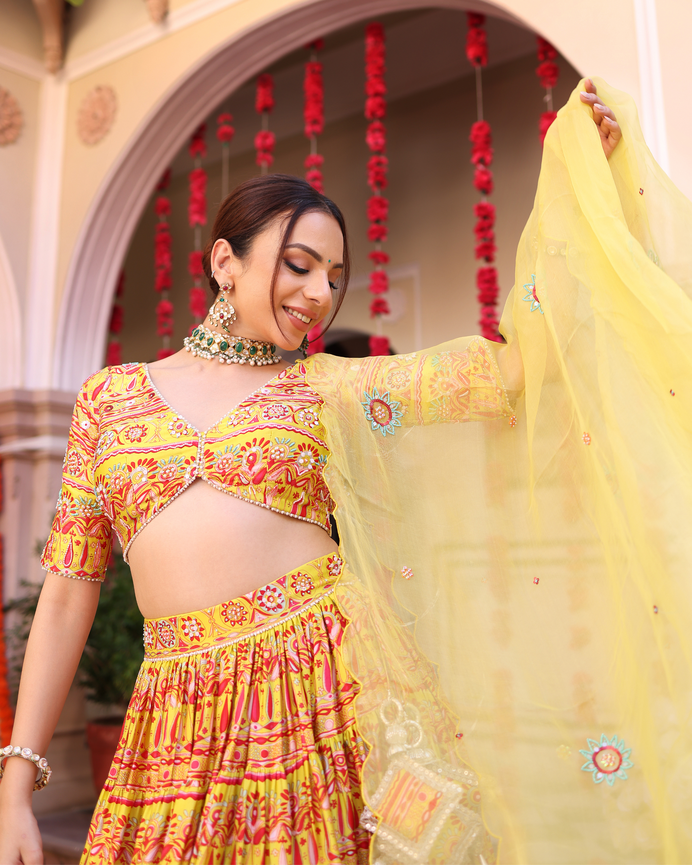 Sunshine Blooms Yellow Printed Satin Lehenga Set