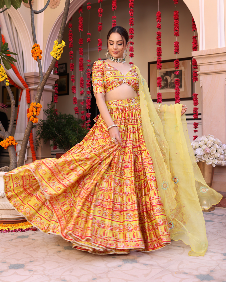 Sunshine Blooms Yellow Printed Satin Lehenga Set