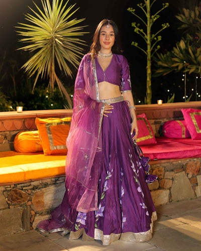 Purple Whisper Handpainted Chanderi Lehenga Set