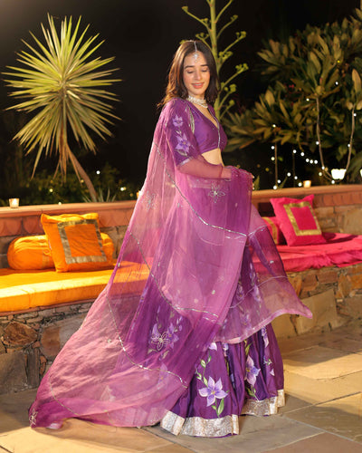 Purple Whisper Handpainted Chanderi Lehenga Set