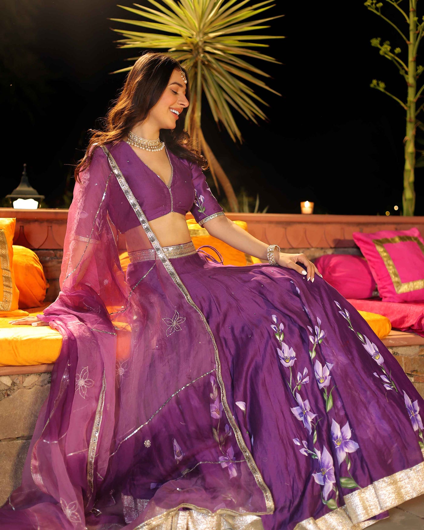 Purple Whisper Handpainted Chanderi Lehenga Set