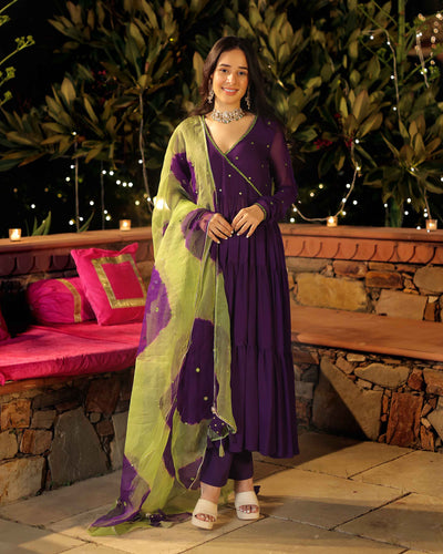 Mystic Mirage Purple Mirror Work Georgette Suit Set