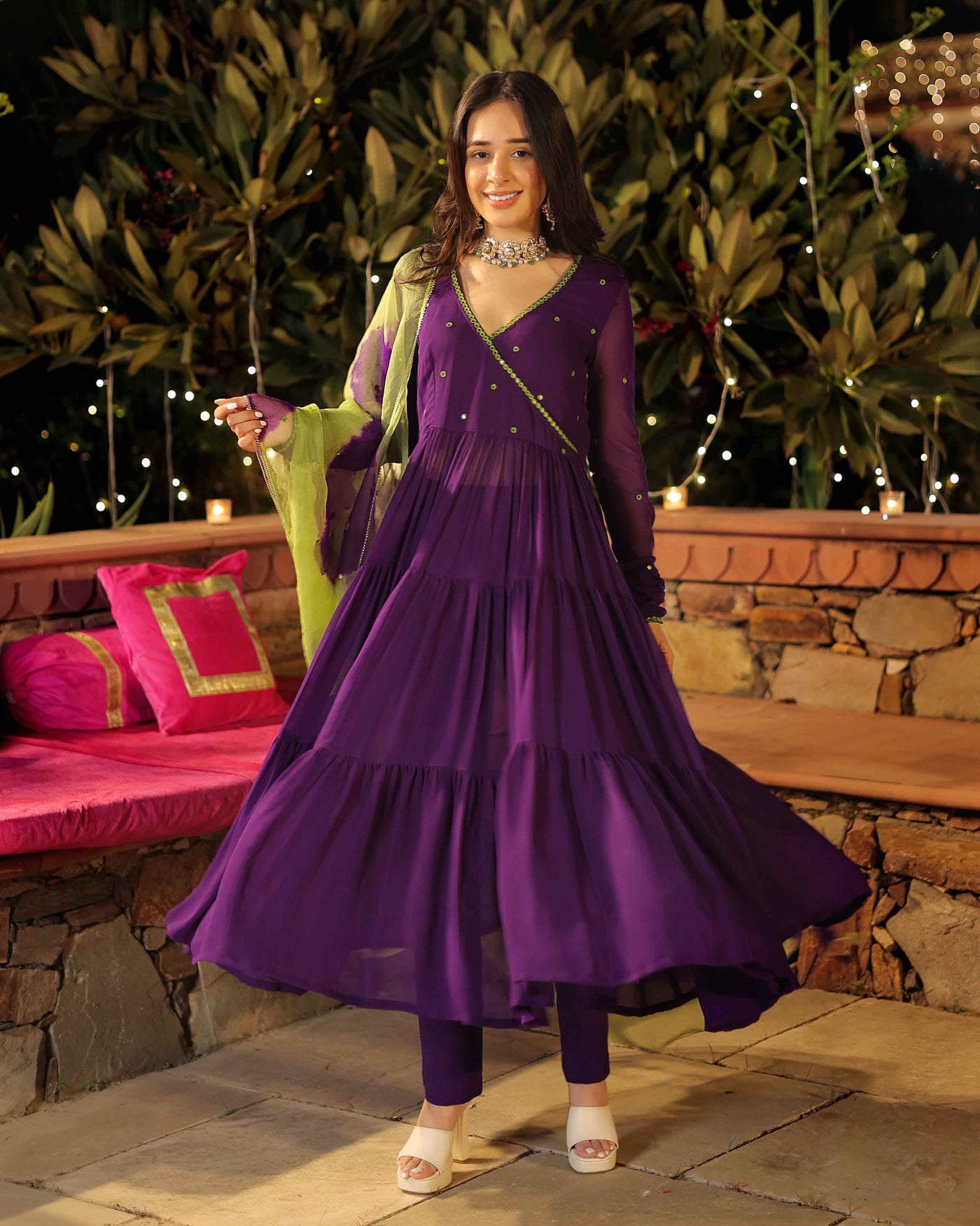 Mystic Mirage Purple Mirror Work Georgette Suit Set
