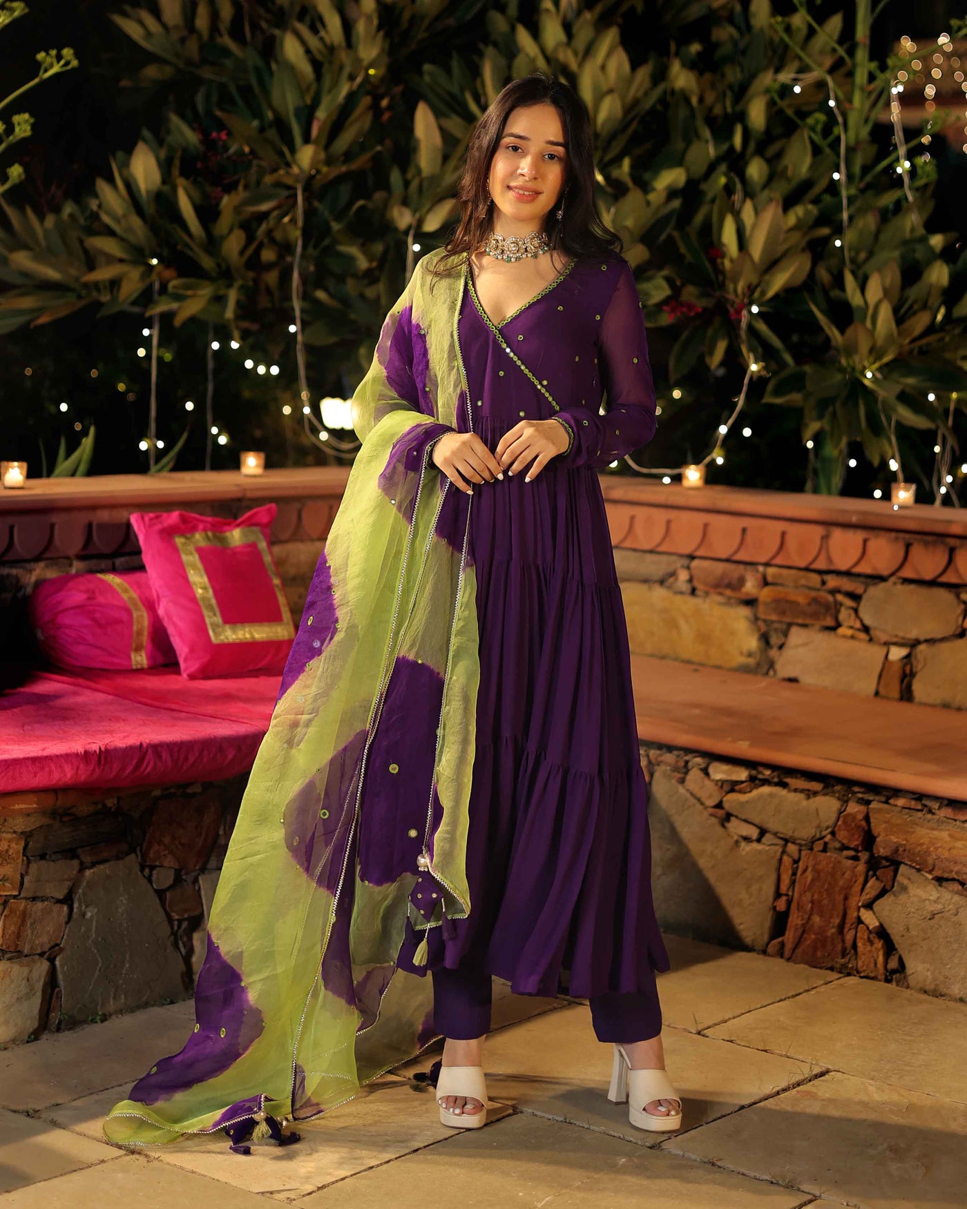 Mystic Mirage Purple Mirror Work Georgette Suit Set