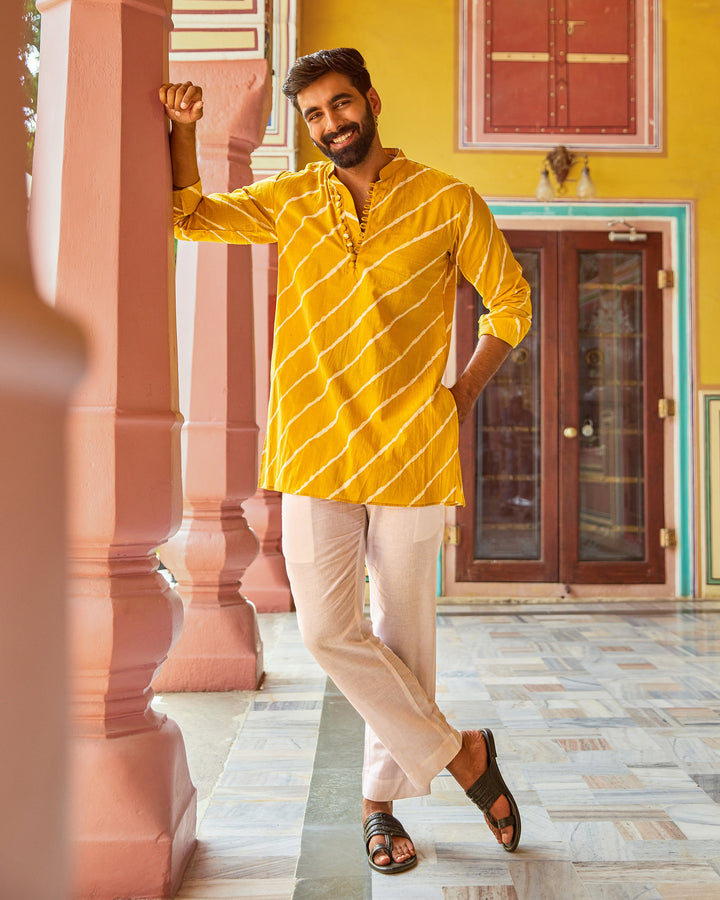 Rishabh Yellow Leheriya Cotton Kurta