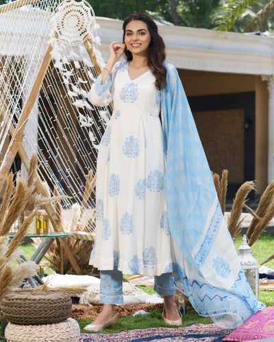 Rudra White Printed Silk Suit Set