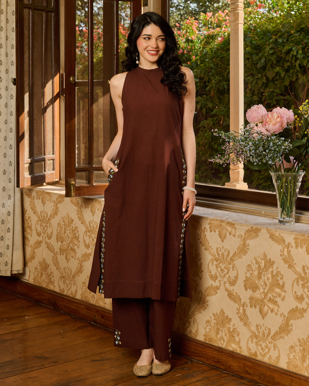 Alora Brown Embroidered Cotton Kurta Set