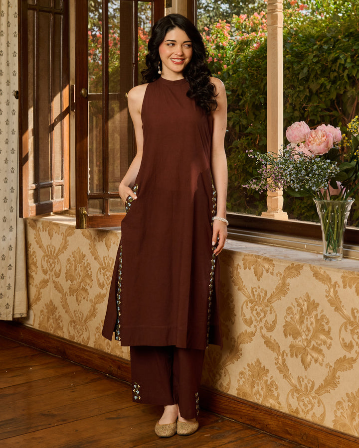 Alora Brown Embroidered Cotton Kurta Set