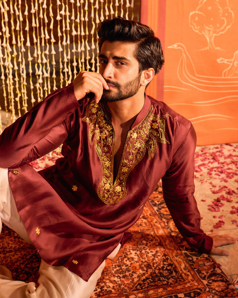 Shreyas Maroon Chanderi Embroidered Kurta