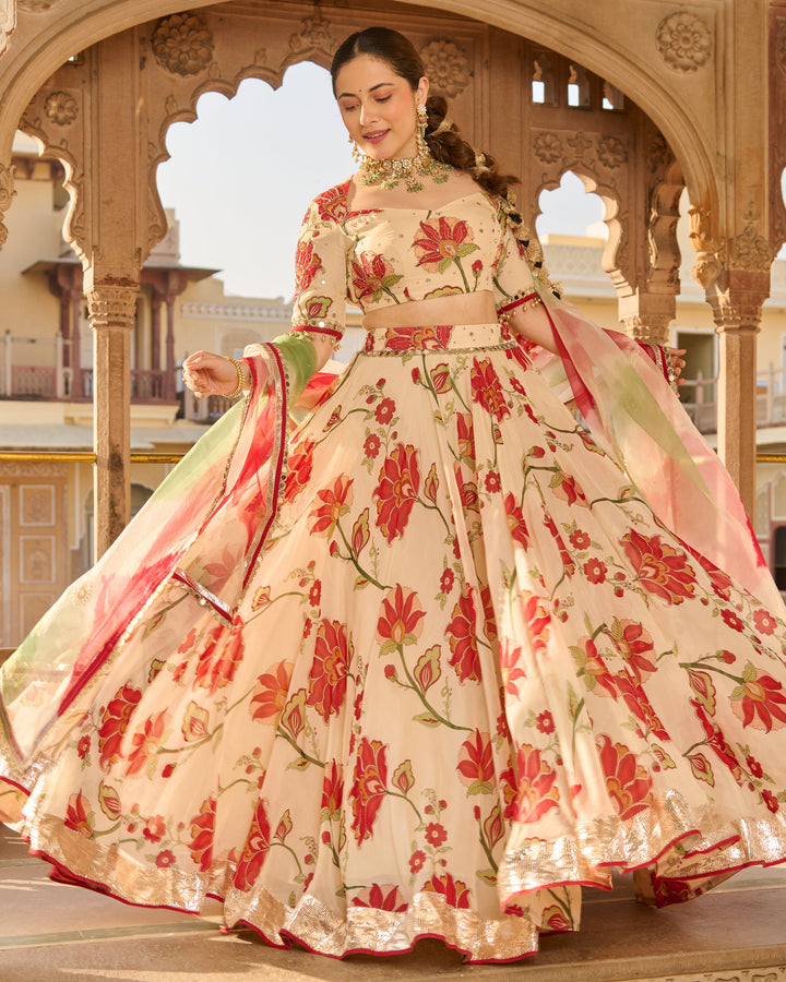 Fiza Cream Printed Viscose Organza Lehenga Set