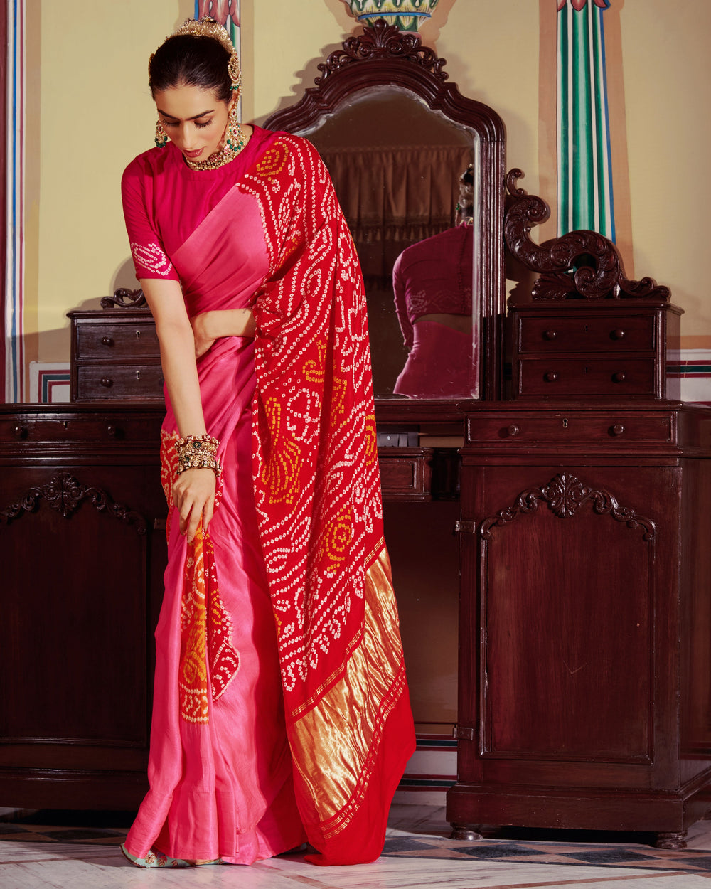 Sugandh Pink Kajol Bandhej Silk Saree