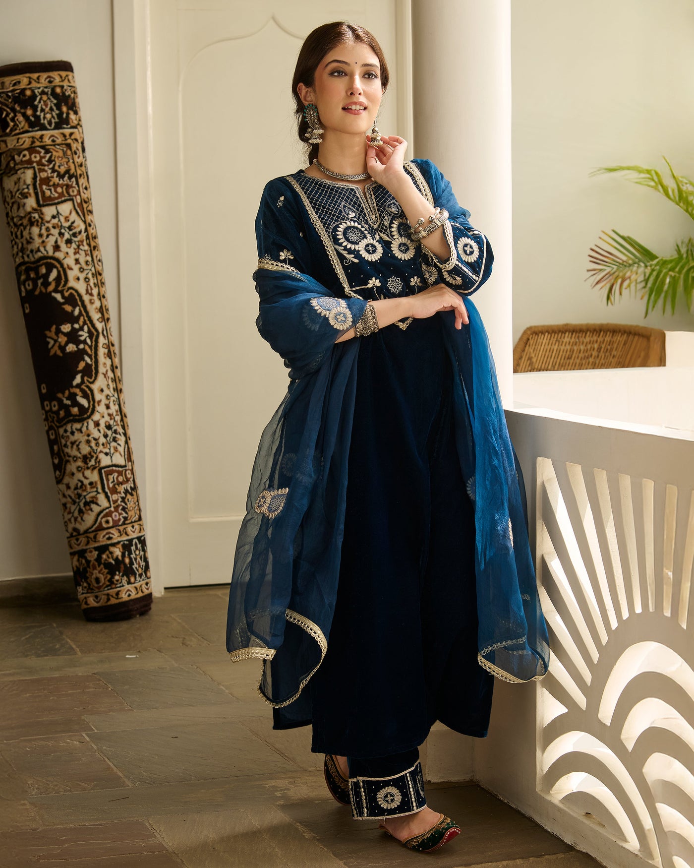 Jai Blue Embroidered Velvet Suit Set