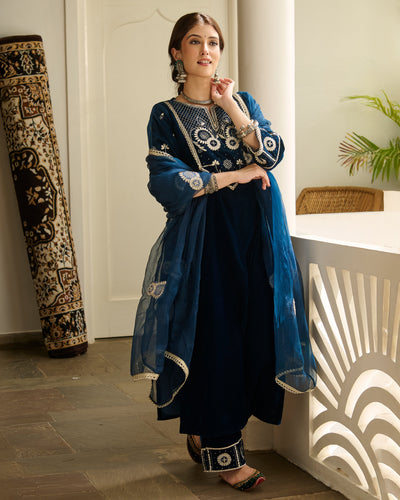 Jai Blue Embroidered Velvet Suit Set