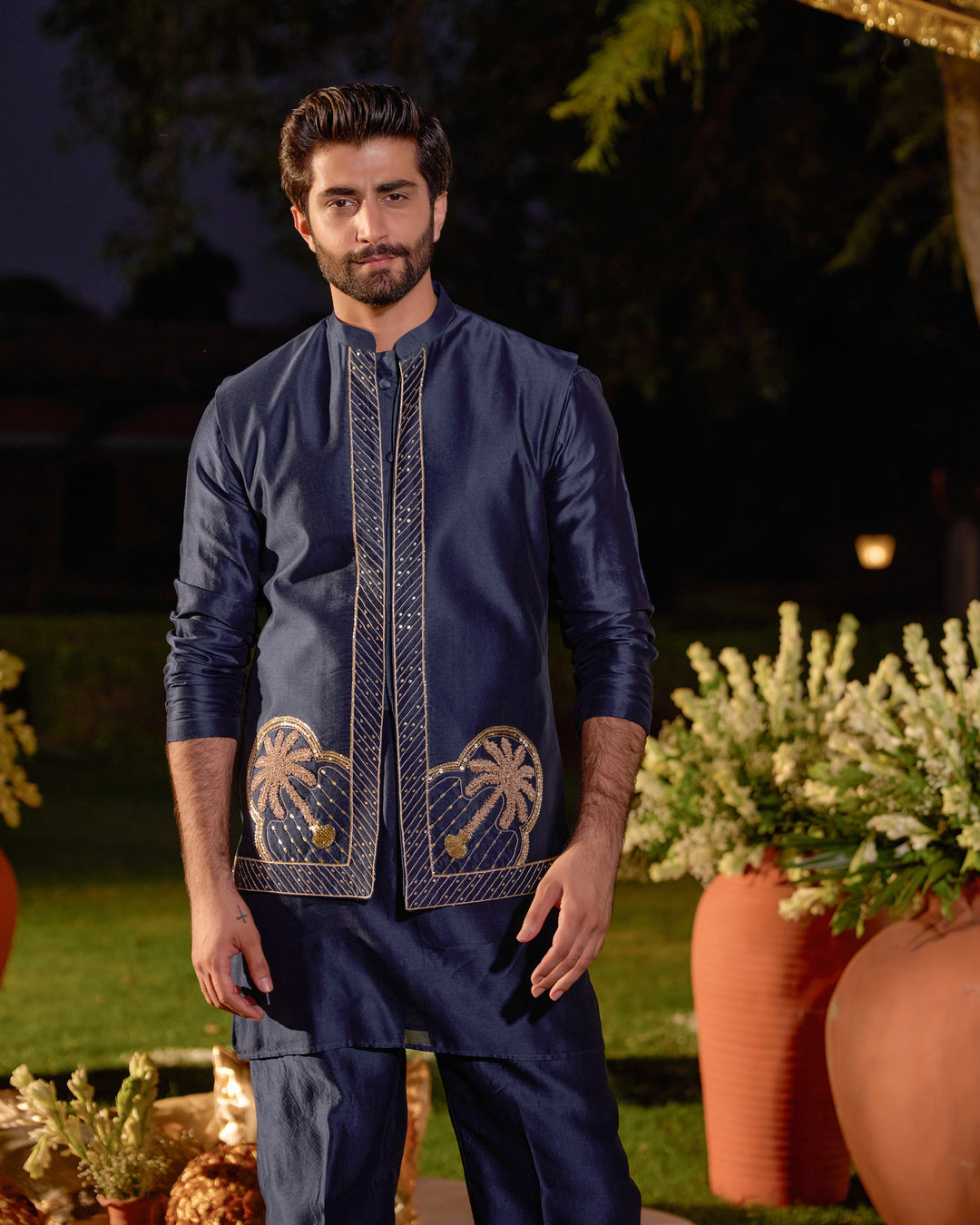 Vishnu Navy Chanderi Embroidered Jacket And Kurta Set