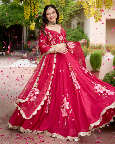 Gudhal Red Handpainted Crepe Lehenga Set