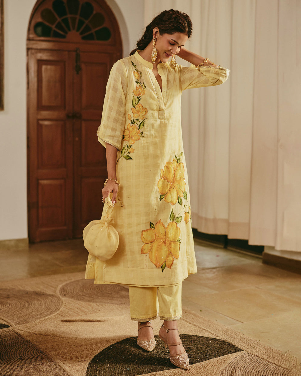 Zivya Yellow Handpainted Cotton Checks Coord Set