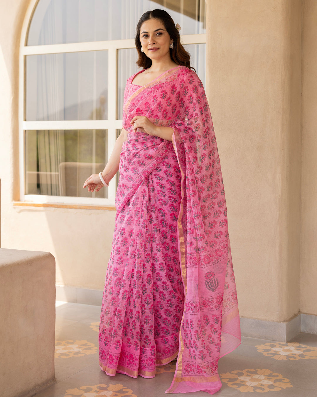 Rose Pink Doria Printed Saree