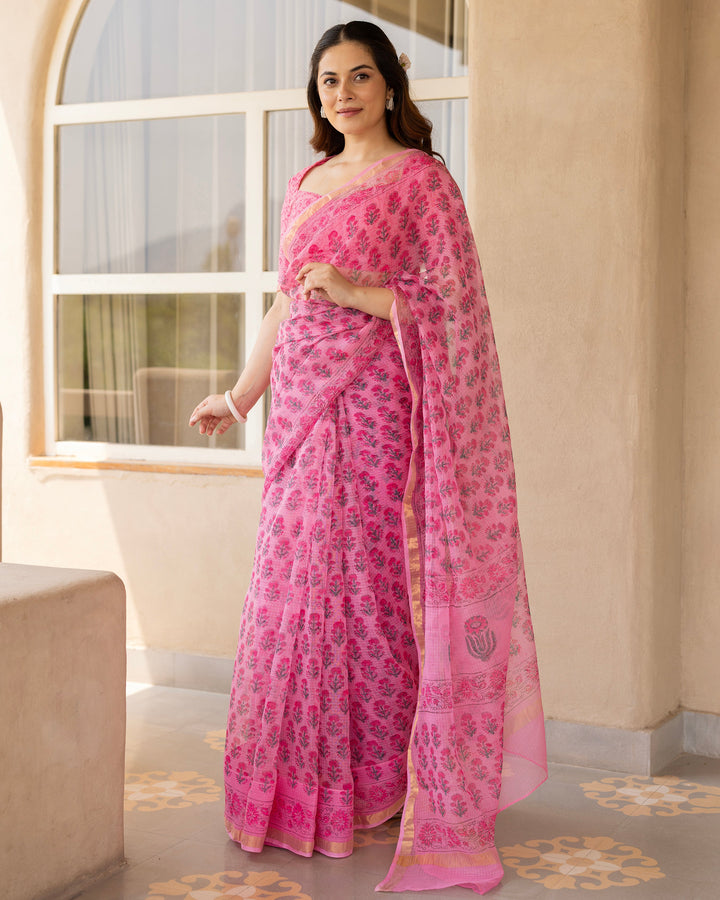 Rose Pink Doria Printed Saree