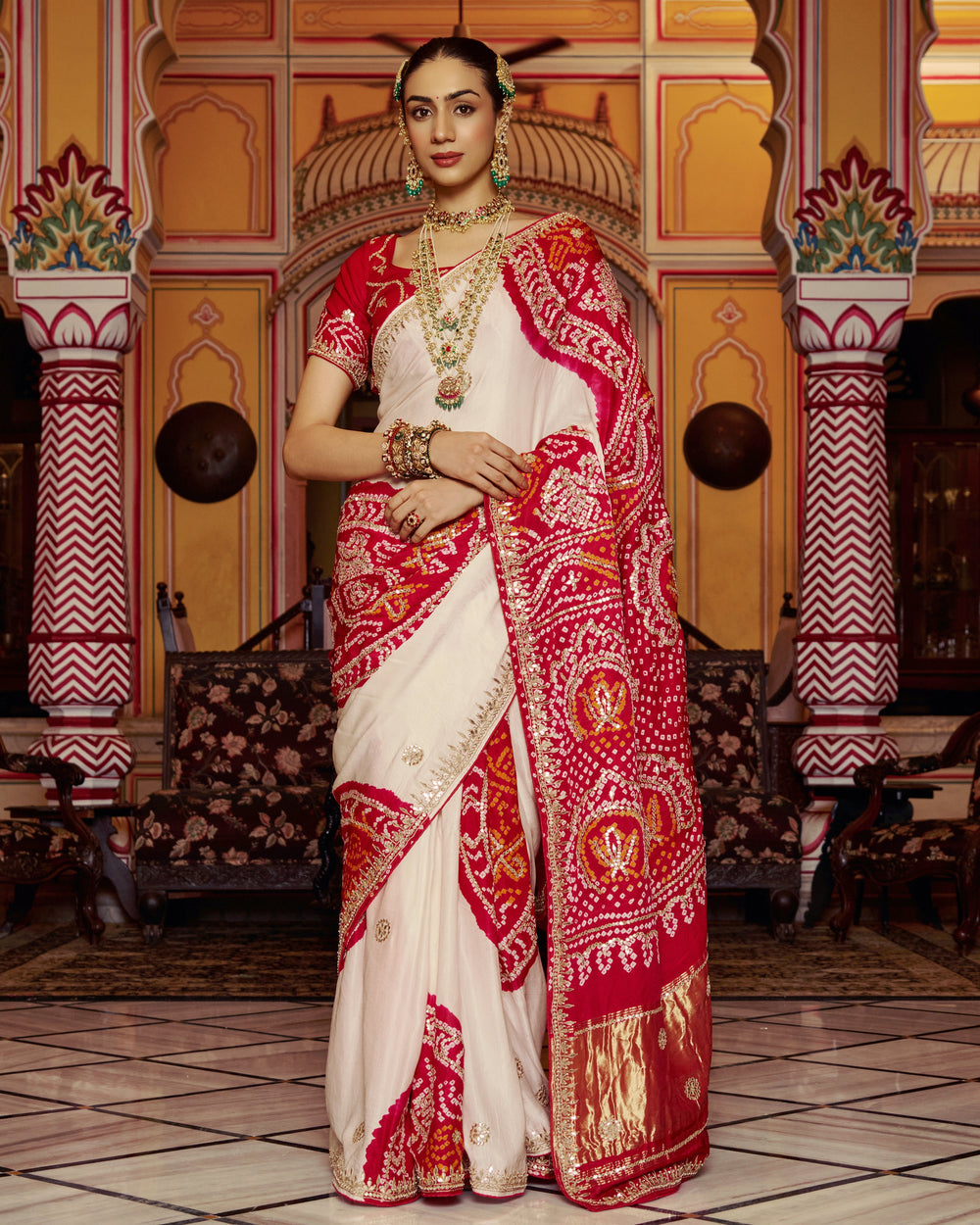 Ghanan White Embroidered Kajol Bandhej Silk Saree