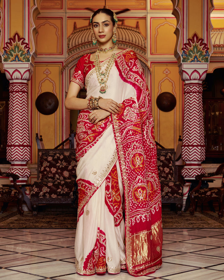Ghanan White Embroidered Kajol Bandhej Silk Saree