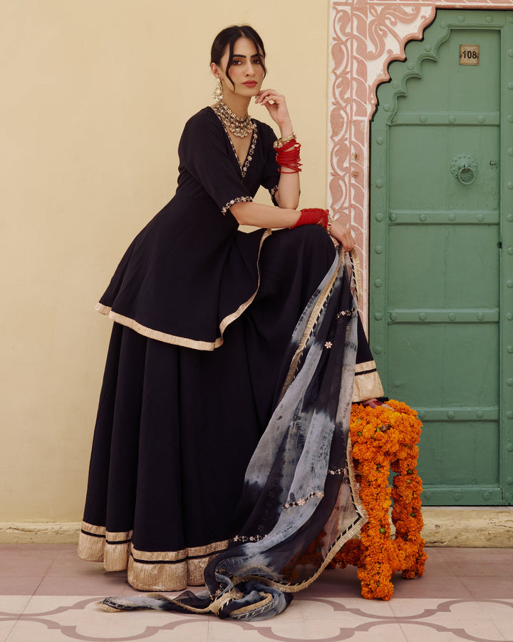 Indu Black Embroidered Chanderi Suit Set