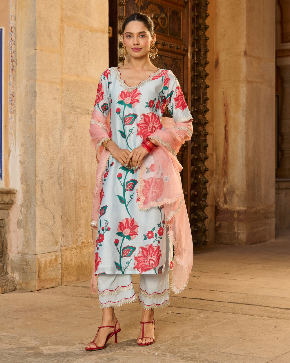 Saumya Light Blue Printed Chanderi Suit Set