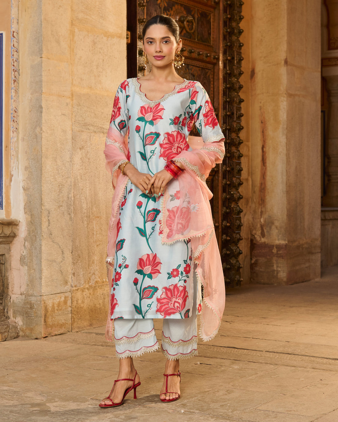 Saumya Light Blue Printed Chanderi Suit Set