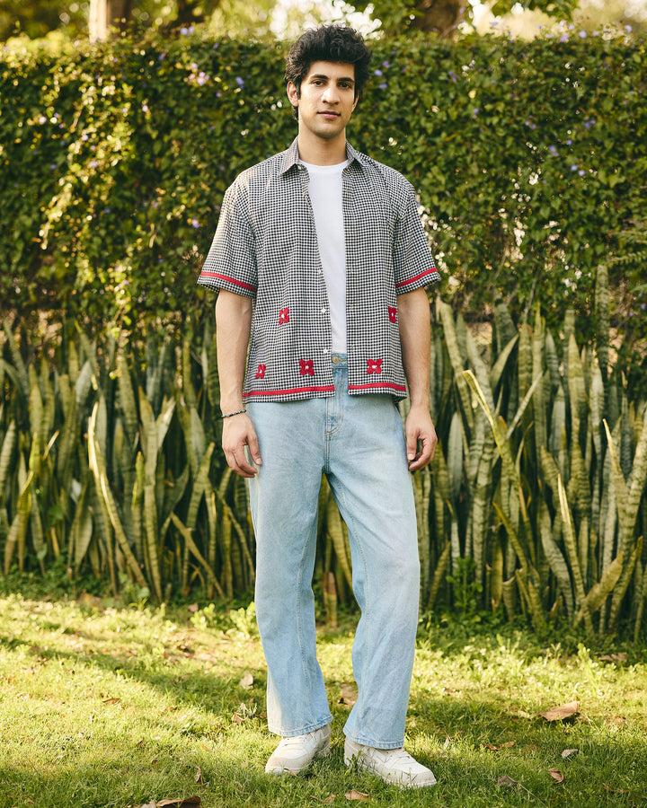 Zayd Black Embroidered Cotton Checks Printed Shirt