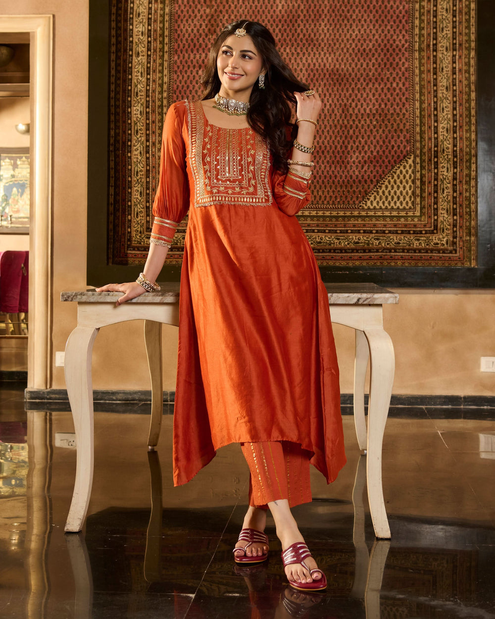 Lucia Orange Solid Chanderi Kurta Set