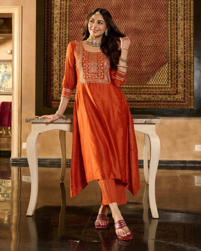 Lucia Orange Solid Chanderi Kurta Set