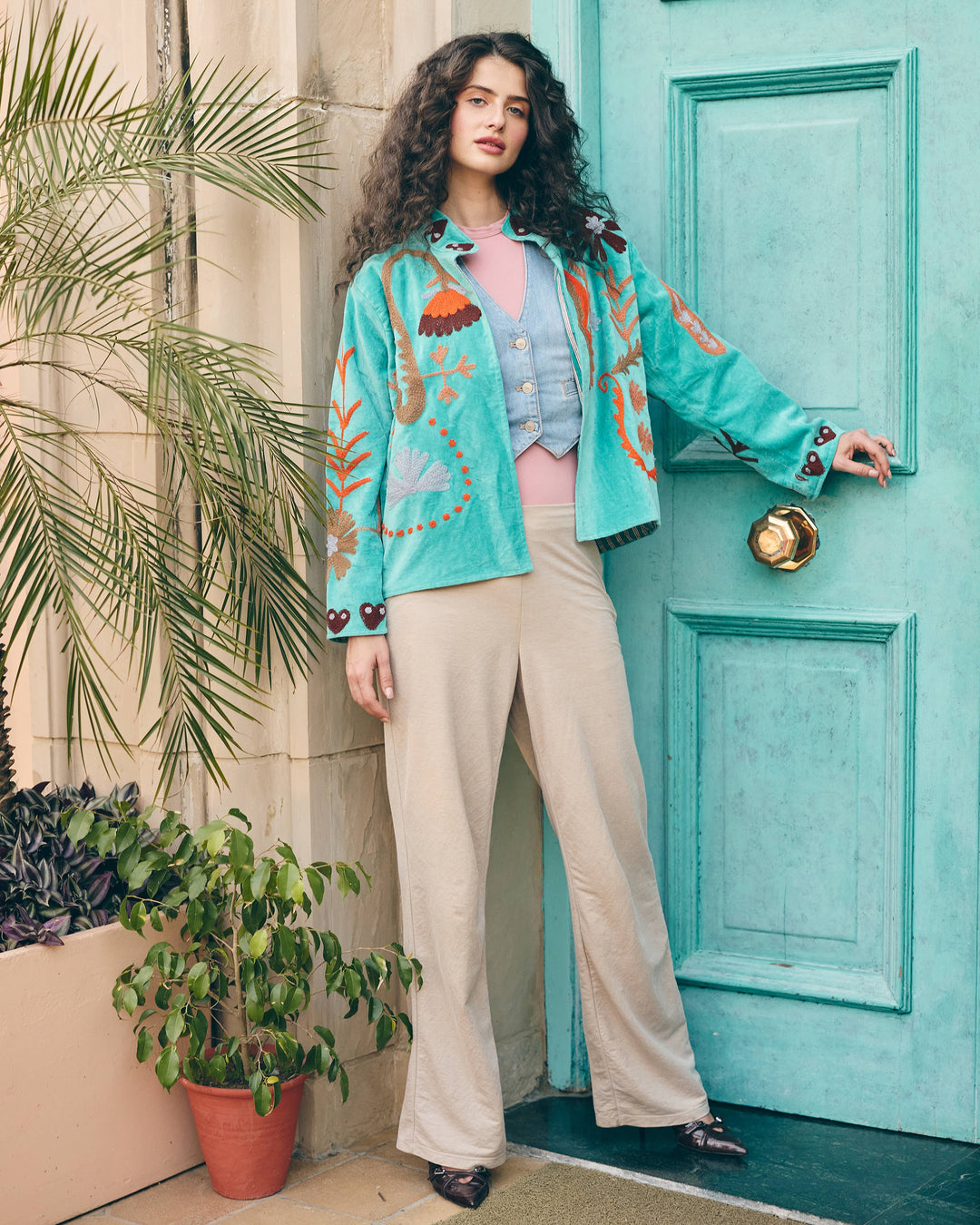 Aureline Sky Blue Velvet Suzani Jacket