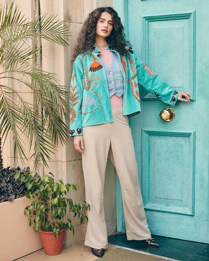 Aureline Sky Blue Velvet Suzani Jacket