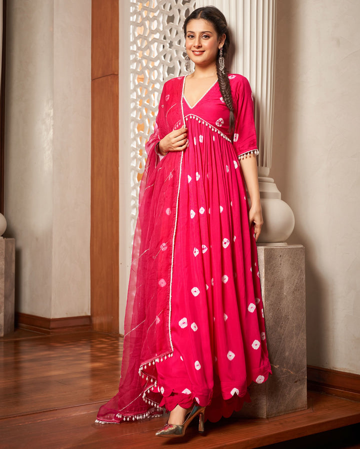 Mishika Pink Bandhani Silk Suit Set