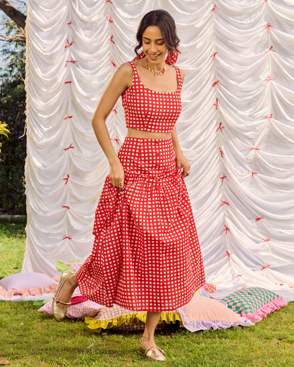 Unnati Red Cotton Checks Printed Coord Set