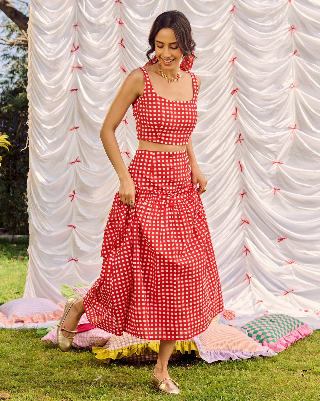Unnati Red Cotton Checks Printed Coord Set