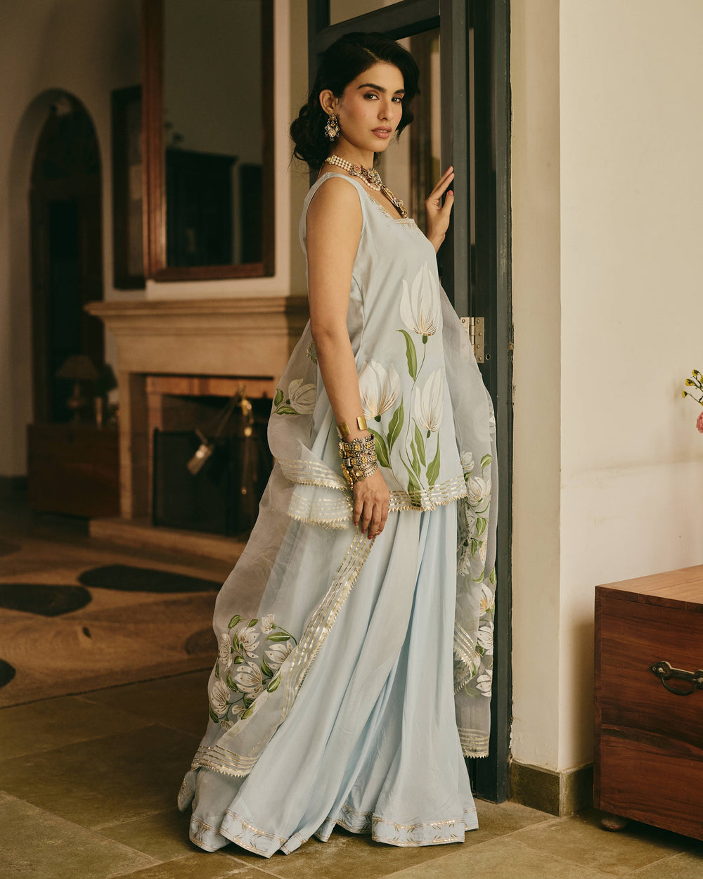 Varnali Blue Handpainted Chinon Suit Set