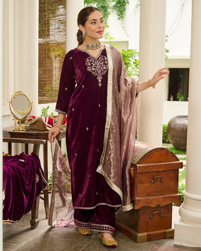 Yug Purple Embroidered Velvet Suit Set