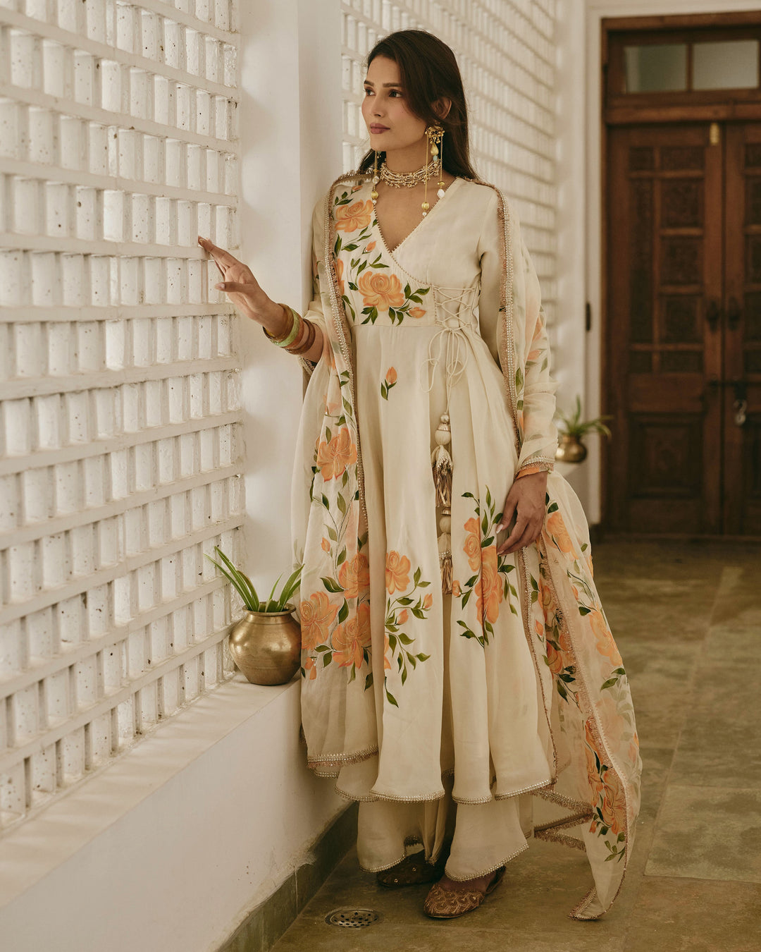 Neyra Ivory Handpainted Viscose Organza Suit Set