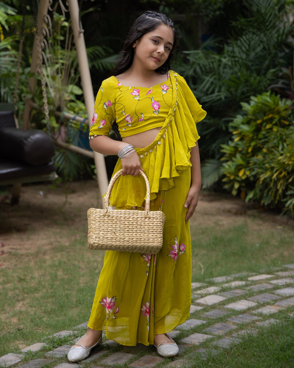 Petunia Lime Handpainted Georgette Pre Draped Saree