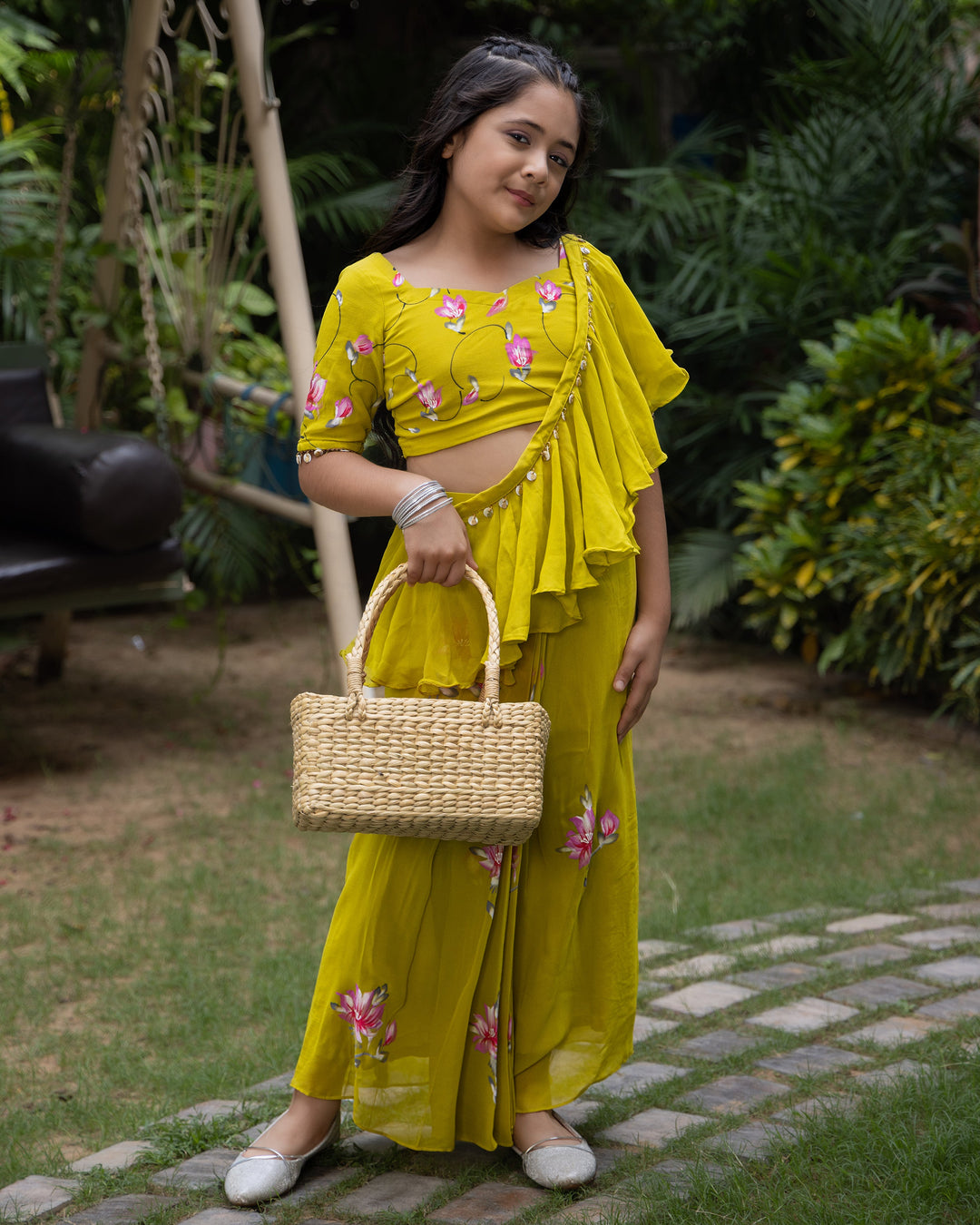 Petunia Lime Handpainted Georgette Pre Draped Saree