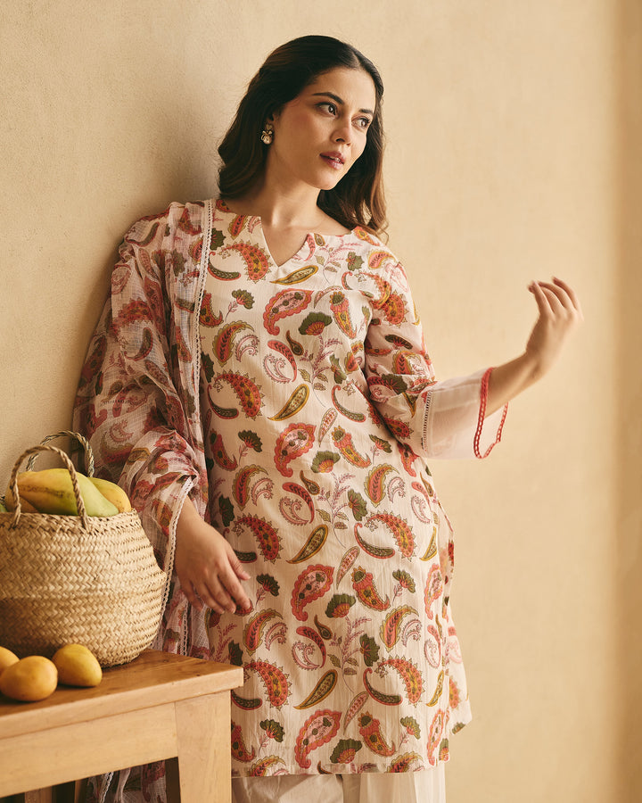 Aarvi White Mul Cotton Printed Farsi Salwar Set