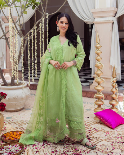 Neo Green Embroidered Chanderi Suit Set