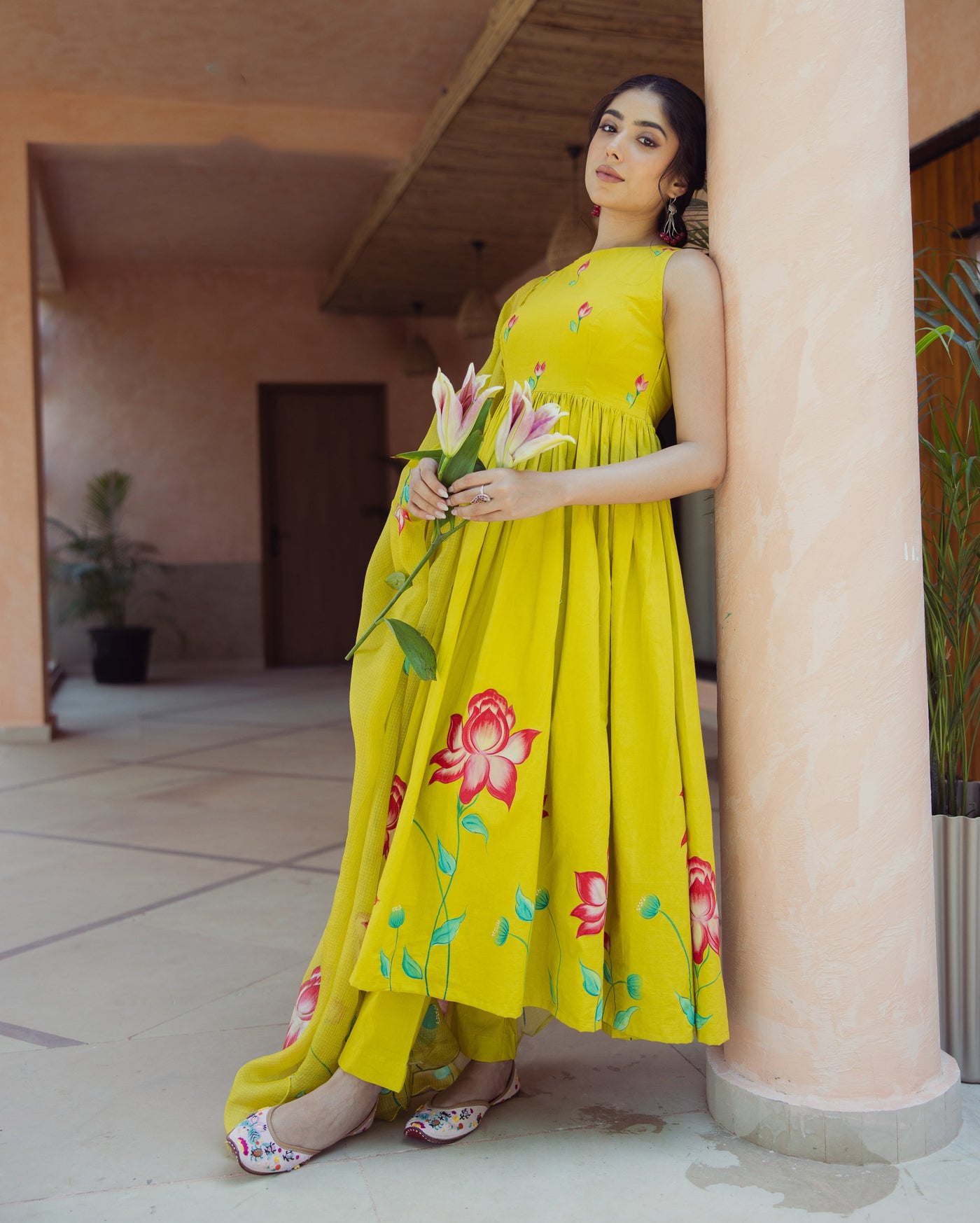 Sorbet Lime Green Handpainted Cotton Suit Set