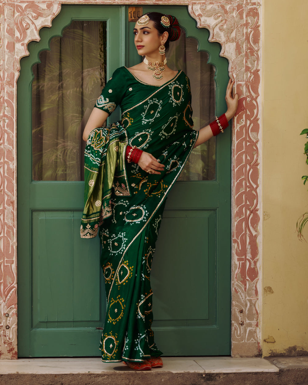 Varsha Green Embroidered Kajol Bandhej Silk Saree