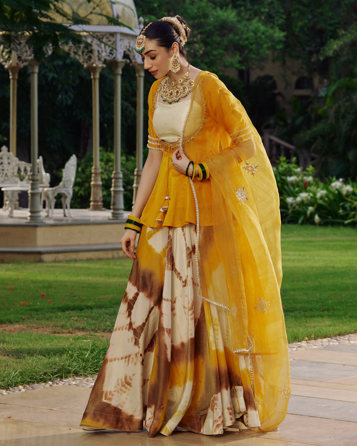 Tripura Yellow Embroidered Tie- Dye Chanderi Suit Set