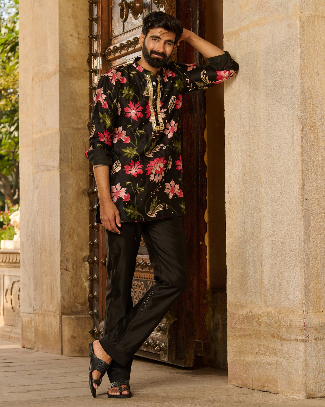 Keshav Black Printed Chanderi Kurta
