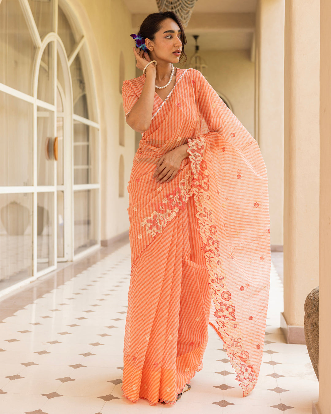 Raya Peach Doria Embroidered Saree