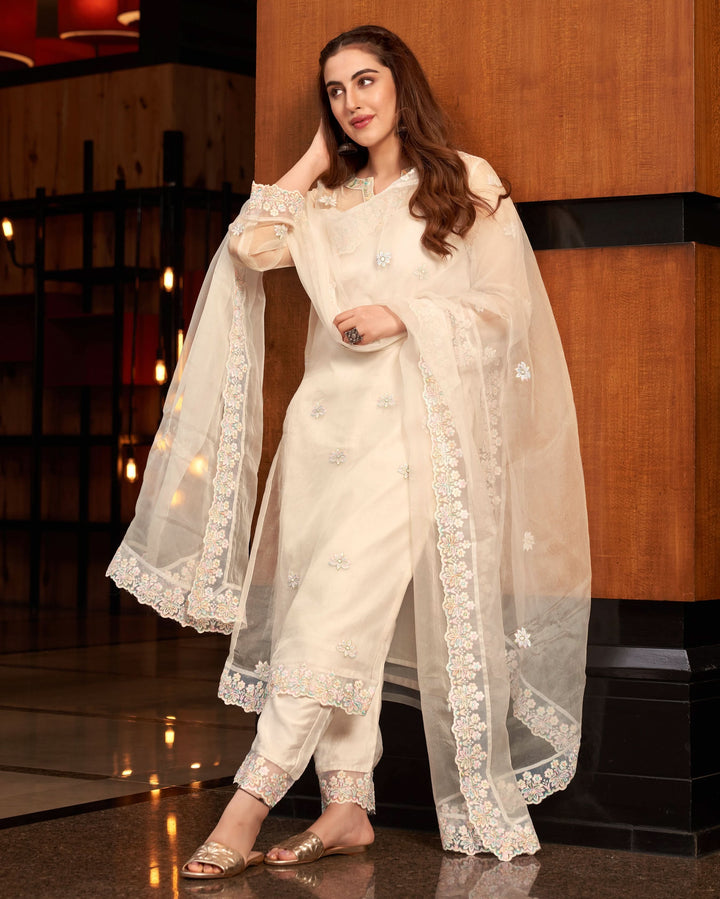 Pratha White Embroidered Organza Suit Set - Main Image